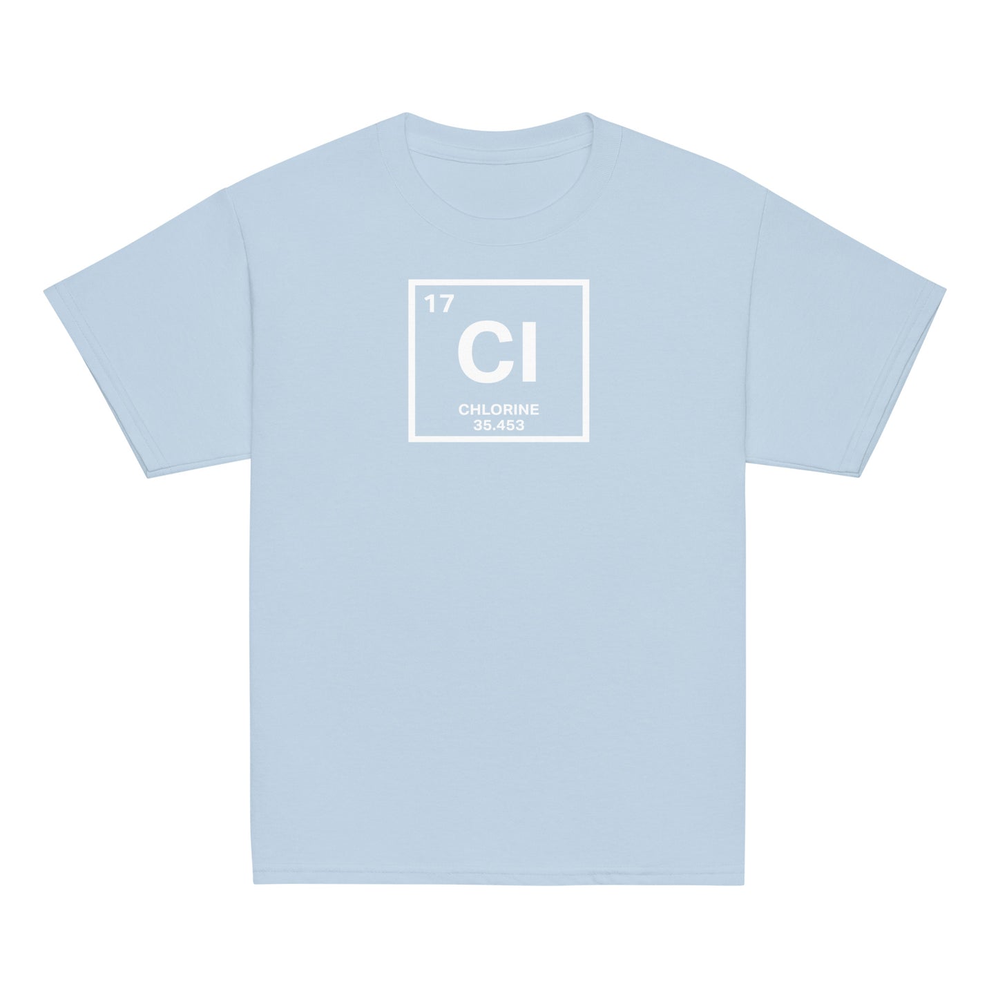 YOUTH Funny Swimmers Chlorine Periodic Table Symbol T-Shirt in light blue, soft and science-inspired for young swimmers.