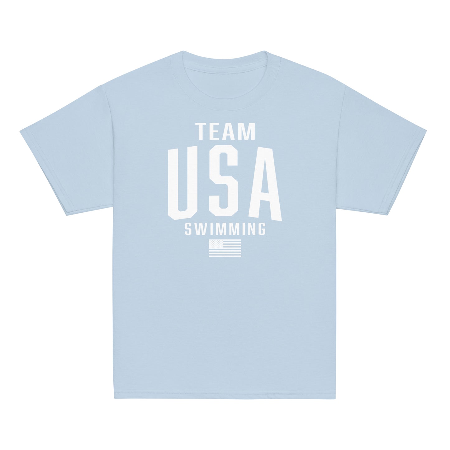 Light blue Team USA Swimming Patriotic Youth T-Shirt by TrendySwimmer, soft cotton tee with USA and flag print for young swim fans.