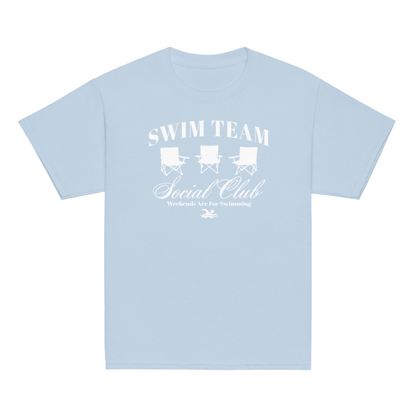 Light blue Swim Team Social Club Youth T-shirt by TrendySwimmer with white foldable chair design and swim club slogan.