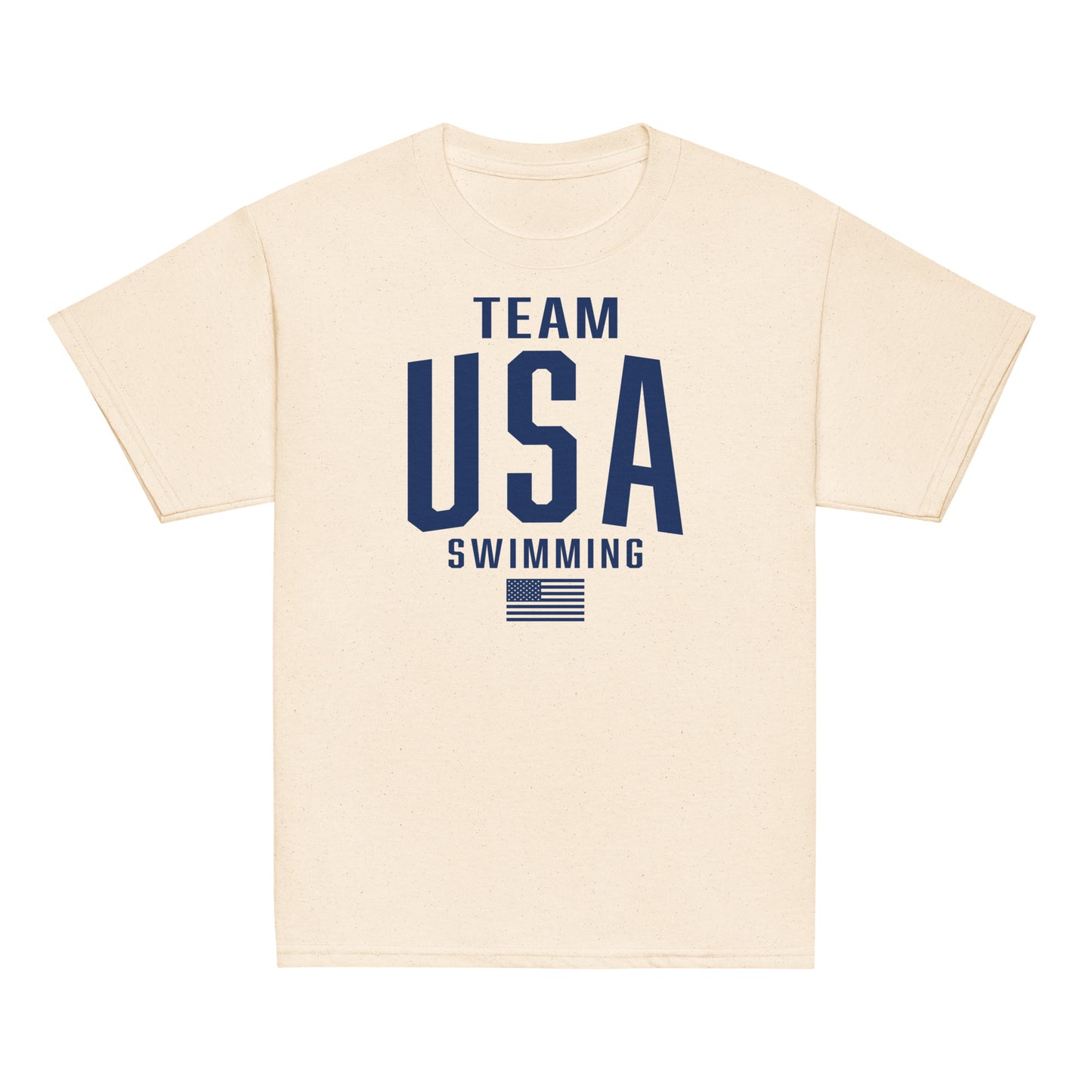 Team USA Swimming Patriotic Youth T-Shirt in natural beige with navy print. Eco-style light color tee for kids supporting USA Swimming.