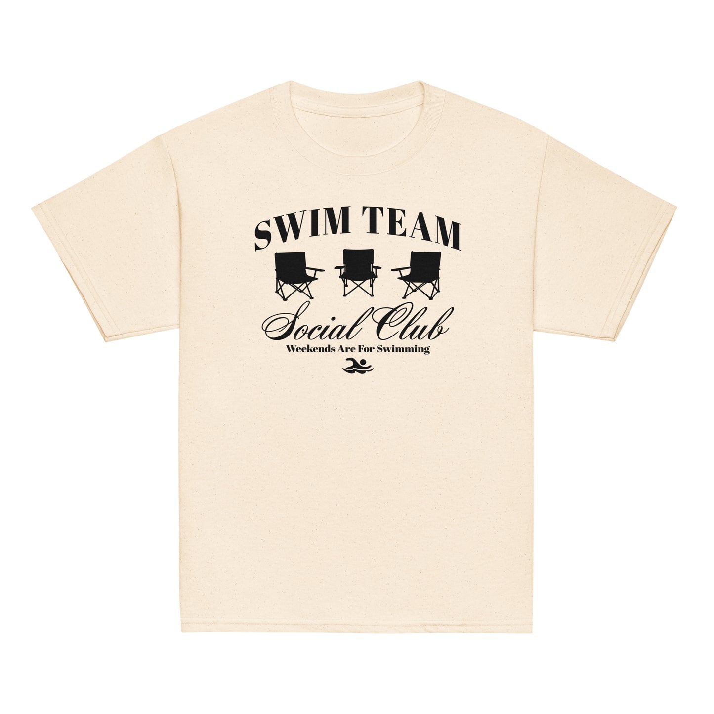 Swim Team Social Club Youth T-Shirt in natural beige with black swim club design. Eco-inspired color for stylish young swimmers.