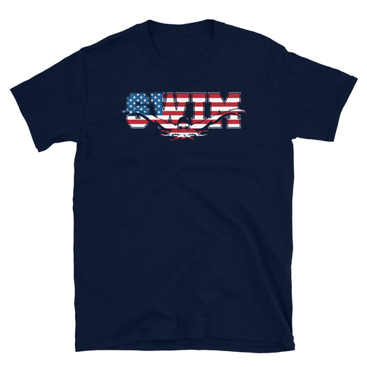 USA Flag pattern inside SWIM text with swimmer t-shirt