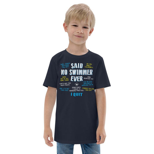 little boy wearing navy t-shirt that reads Said No Swimmer Ever by trendyswimmer dot com