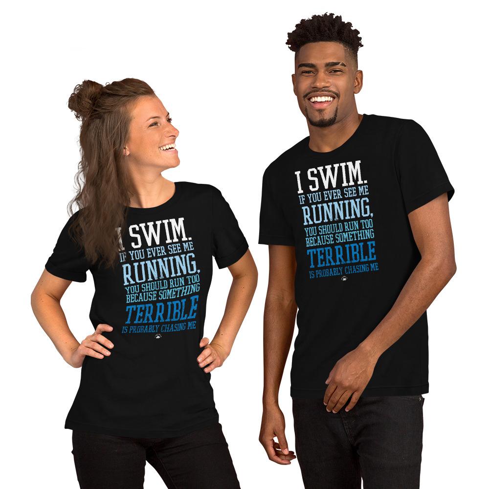 man and woman in front of a pool laughing in black tshirts with funny swim quote on it