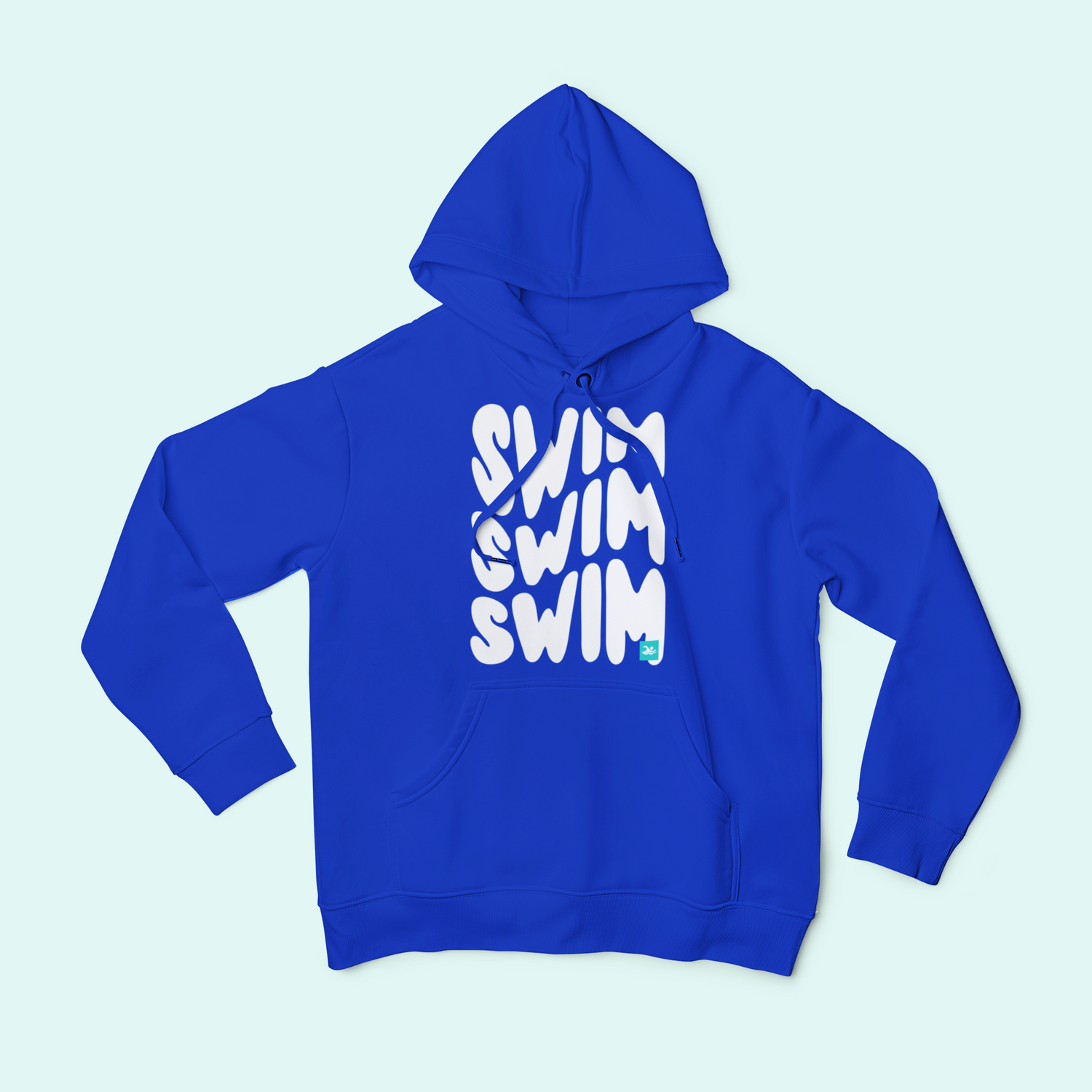 Royal Blue pullover hoodie for swimmers with the words swim repeated on front