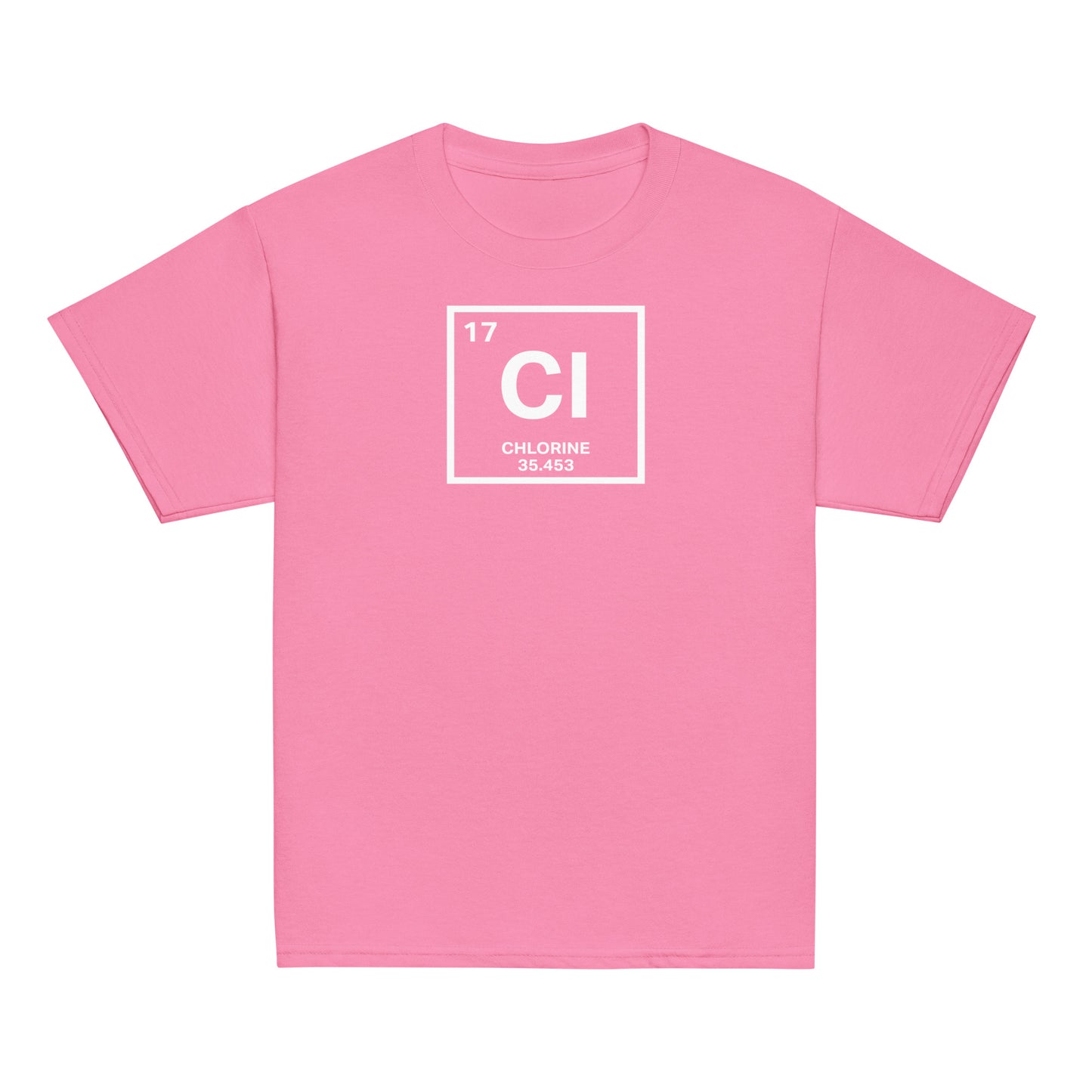 YOUTH Funny Swimmers Chlorine Periodic Table Symbol T-Shirt in pink, combining fun science design with vibrant youth fashion.
