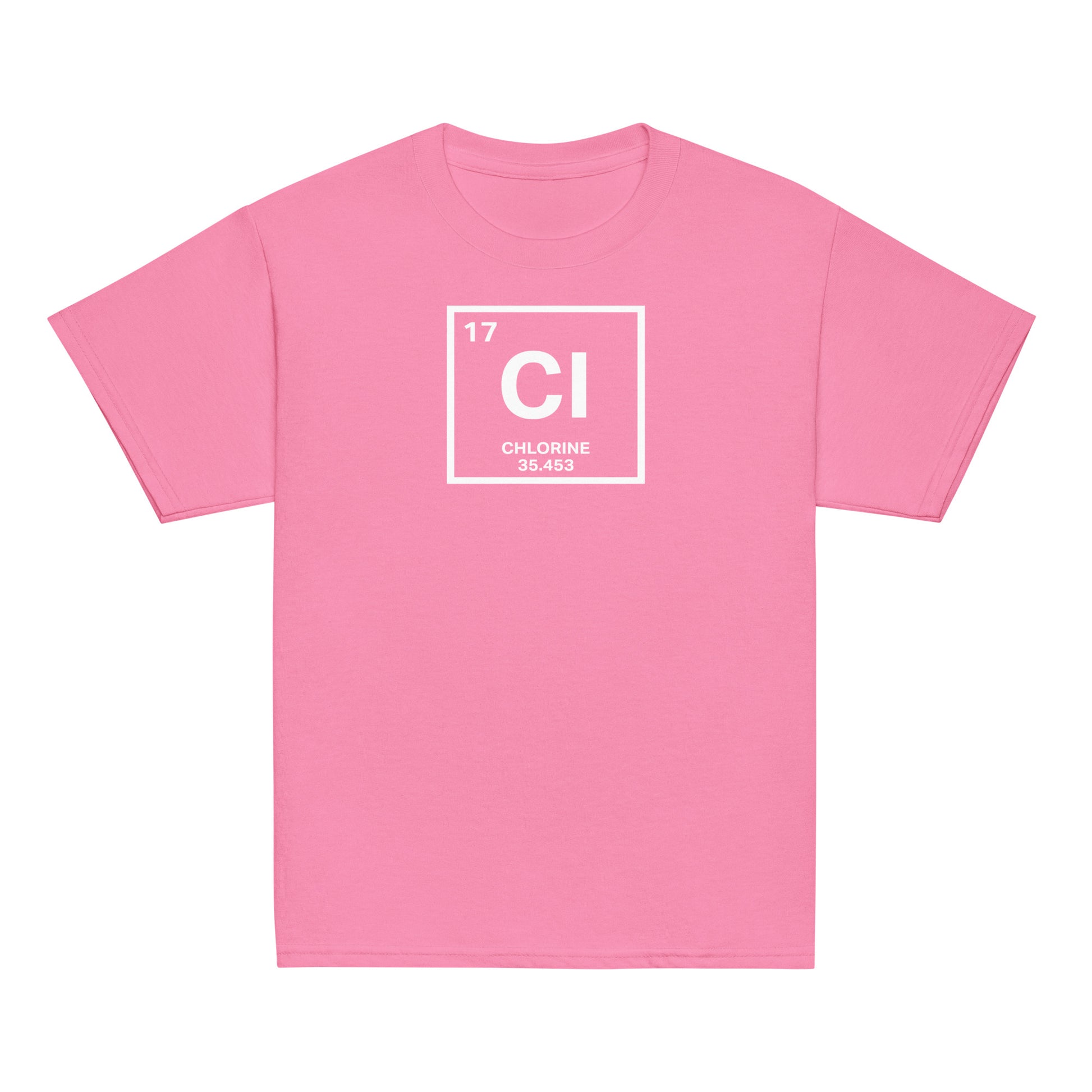YOUTH Funny Swimmers Chlorine Periodic Table Symbol T-Shirt in pink, combining fun science design with vibrant youth fashion.