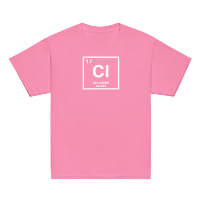 YOUTH Funny Swimmers Chlorine Periodic Table Symbol T-Shirt in pink, combining fun science design with vibrant youth fashion.
