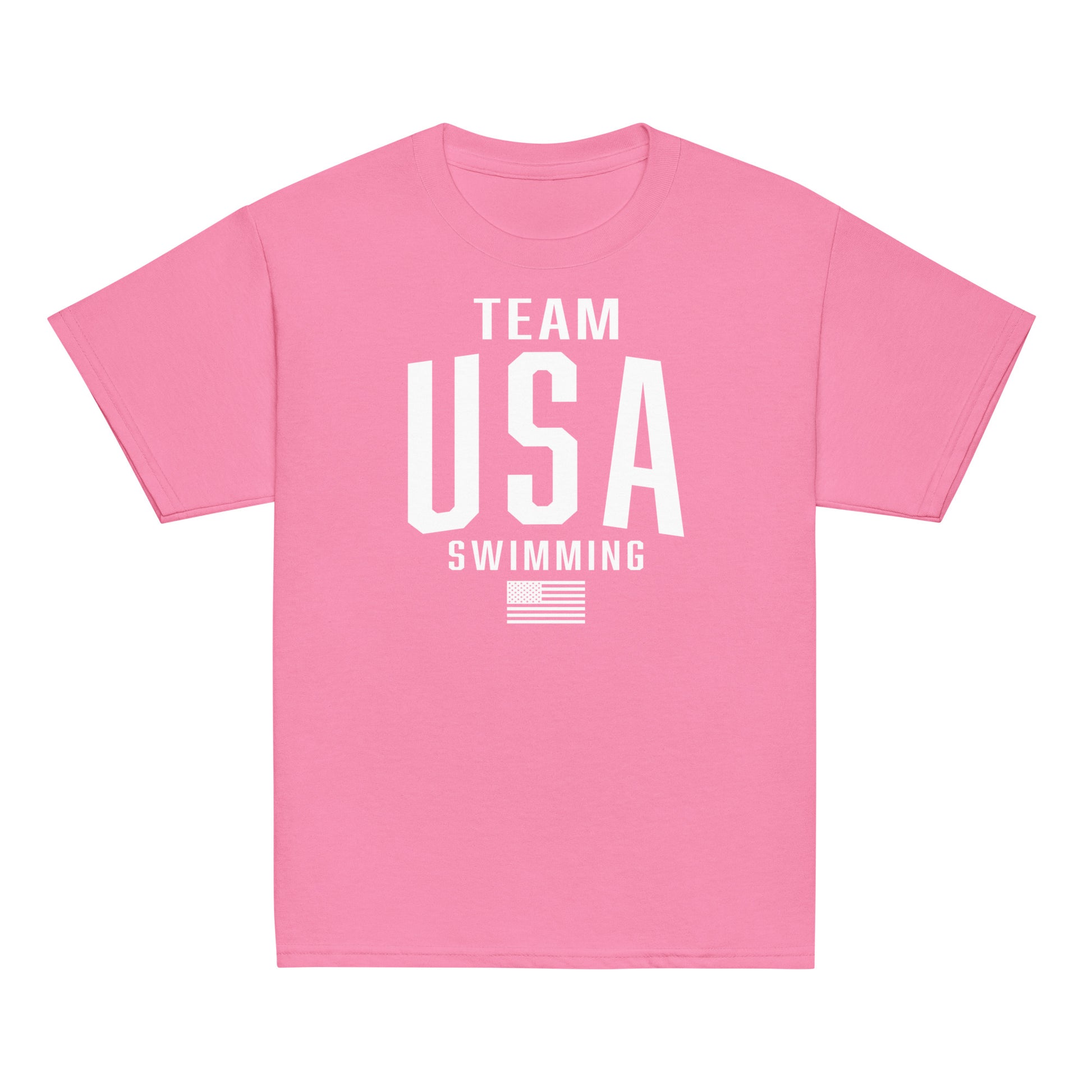 Pink Team USA Swimming Patriotic Youth T-Shirt by TrendySwimmer with white USA and flag print, perfect for young swimmers with style.