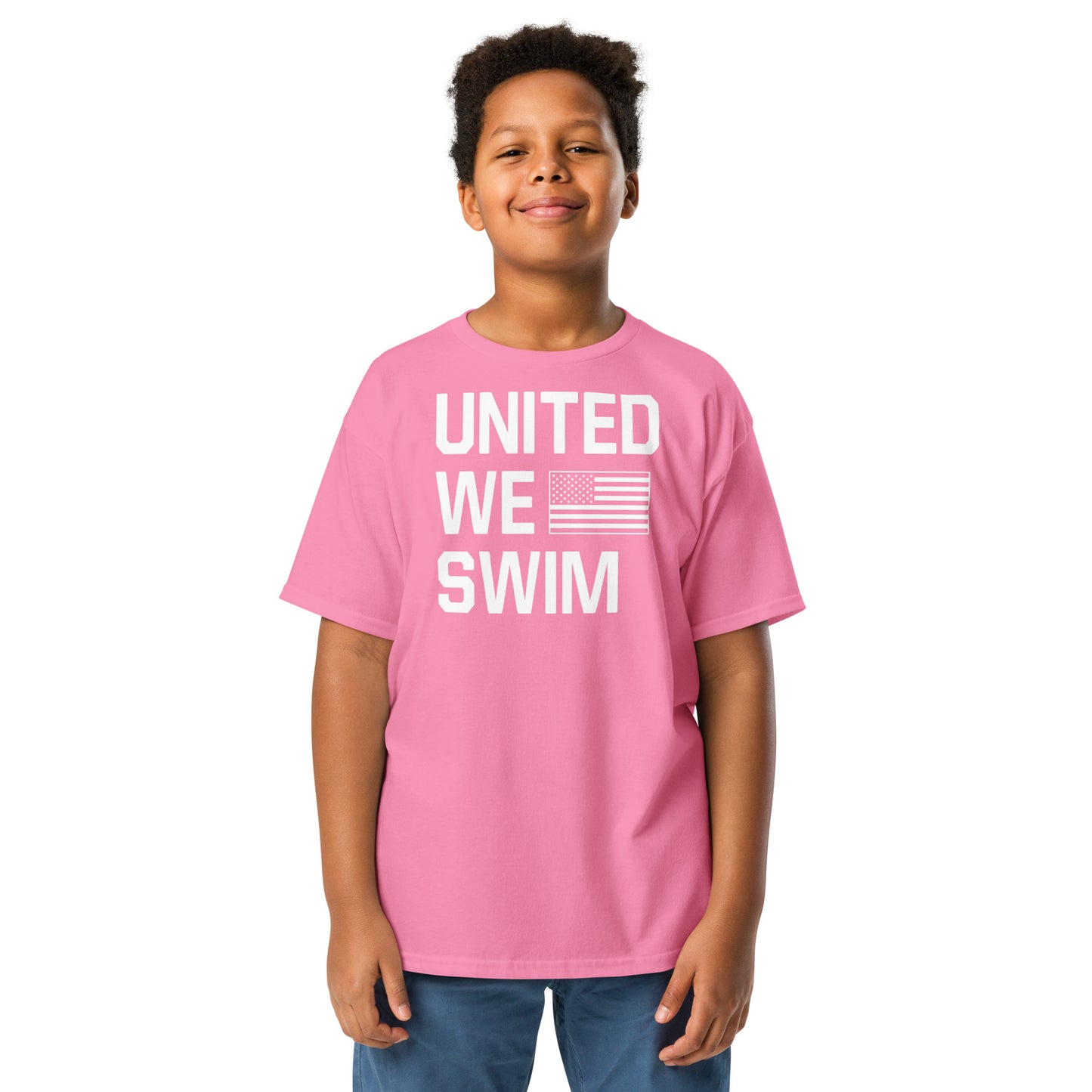 Pink United We Swim Patriotic Youth T-Shirt by TrendySwimmer, stylish and patriotic swim shirt for girls and boys alike.