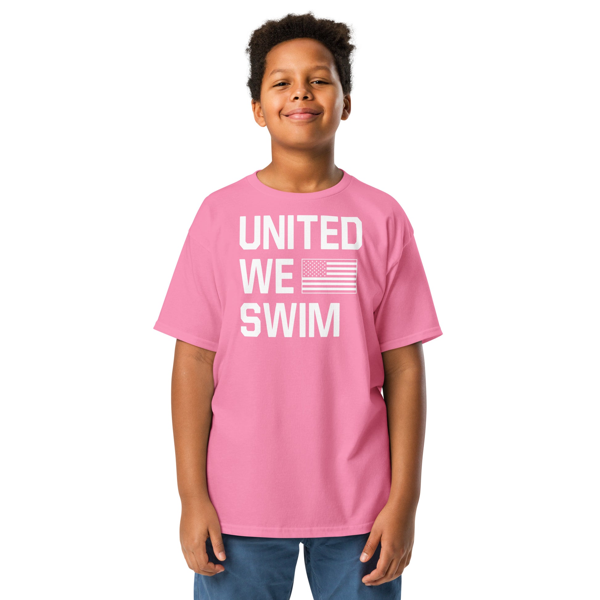 Pink United We Swim Patriotic Youth T-Shirt by TrendySwimmer, stylish and patriotic swim shirt for girls and boys alike.