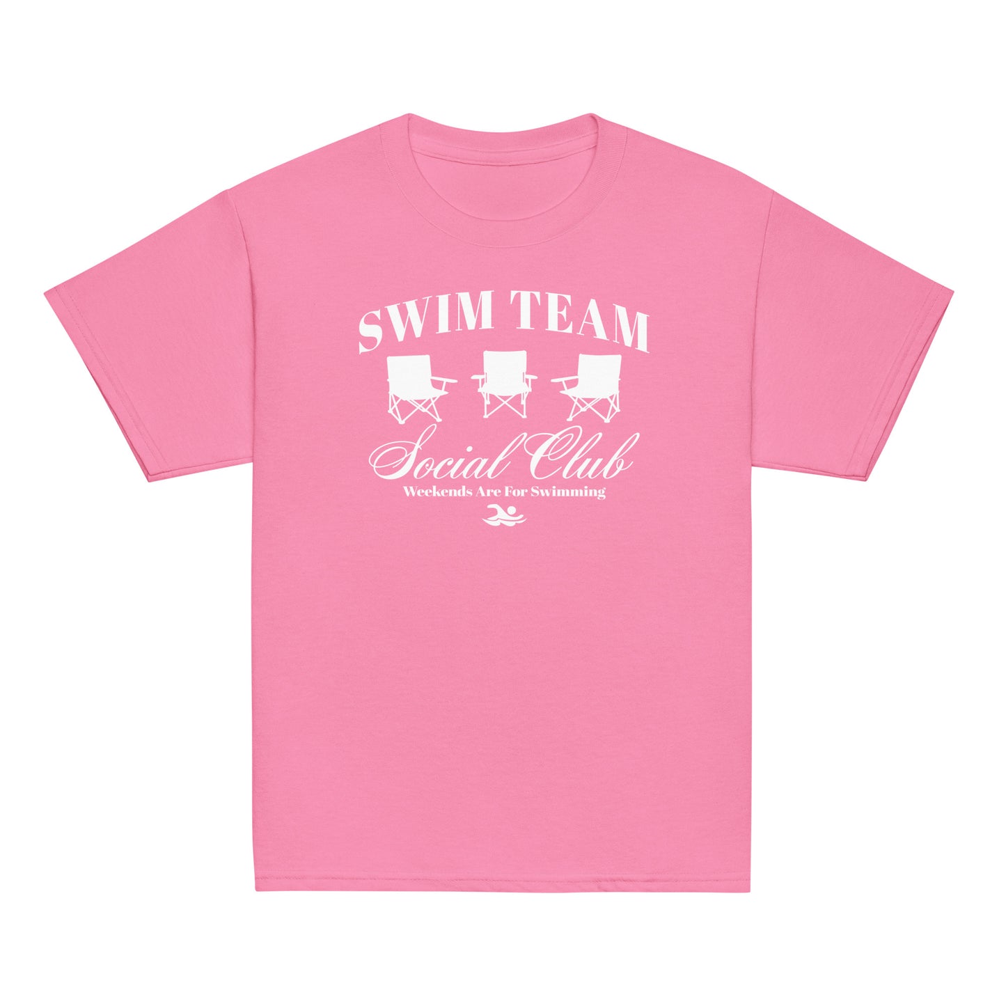 Pink Swim Team Social Club Youth T-shirt by TrendySwimmer featuring white foldable chairs and fun swim-themed slogan.