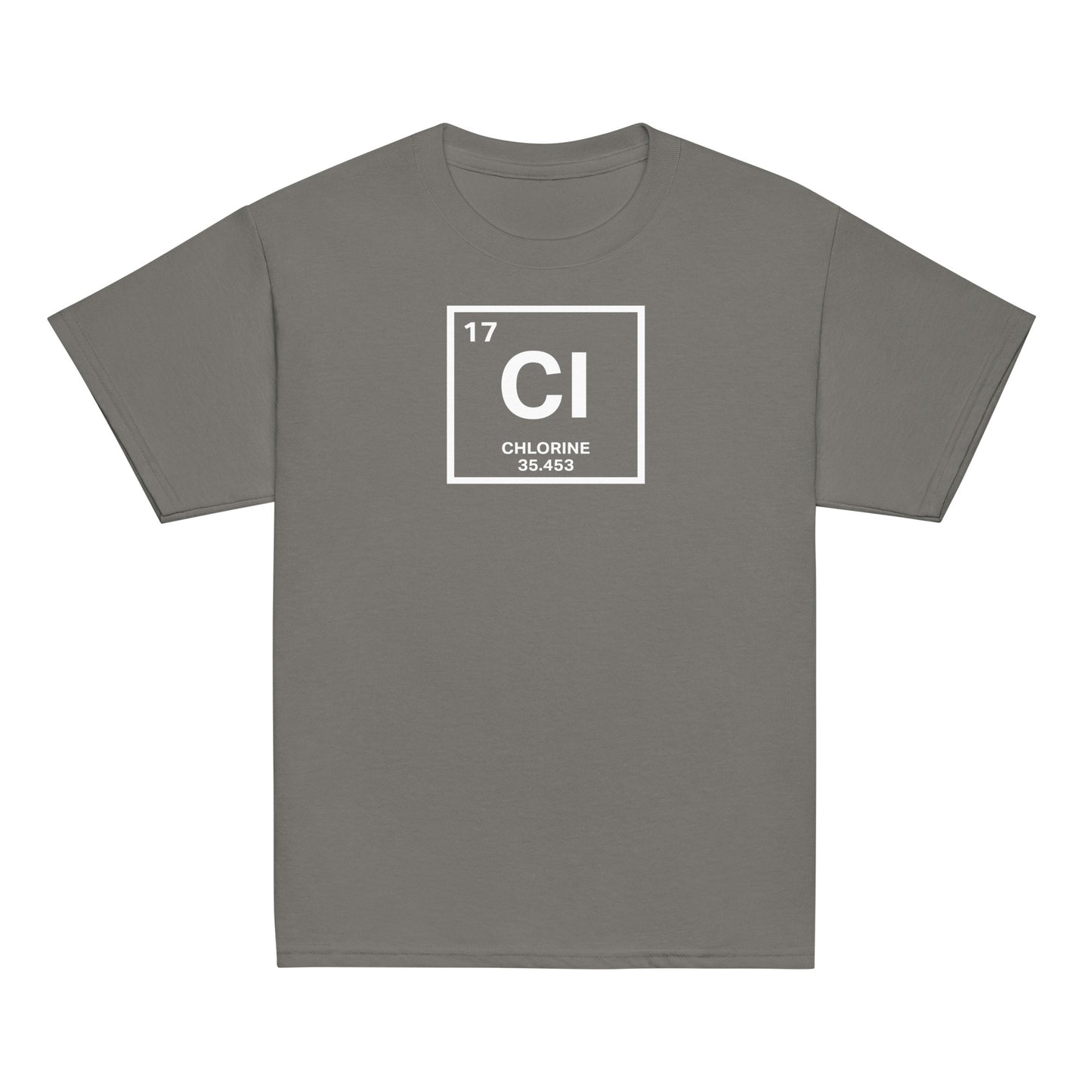 YOUTH Funny Swimmers Chlorine Periodic Table Symbol T-Shirt in dark gray, ideal for swim practice or casual wear with a science twist.