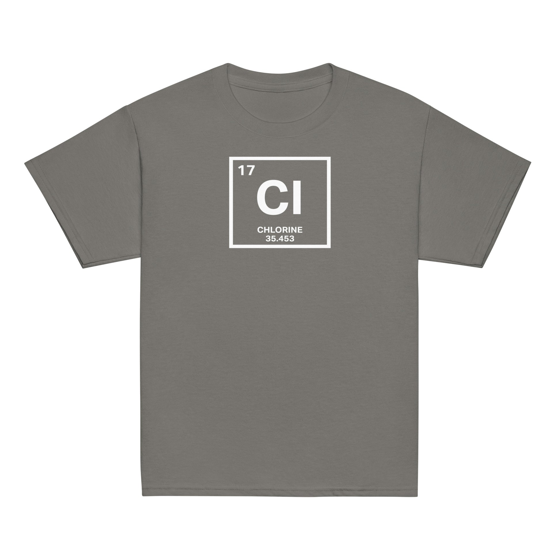 YOUTH Funny Swimmers Chlorine Periodic Table Symbol T-Shirt in dark gray, ideal for swim practice or casual wear with a science twist.