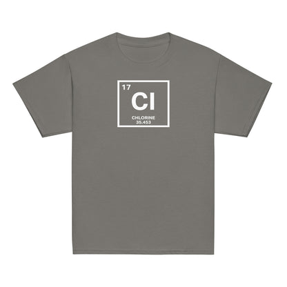 YOUTH Funny Swimmers Chlorine Periodic Table Symbol T-Shirt in dark gray, ideal for swim practice or casual wear with a science twist.