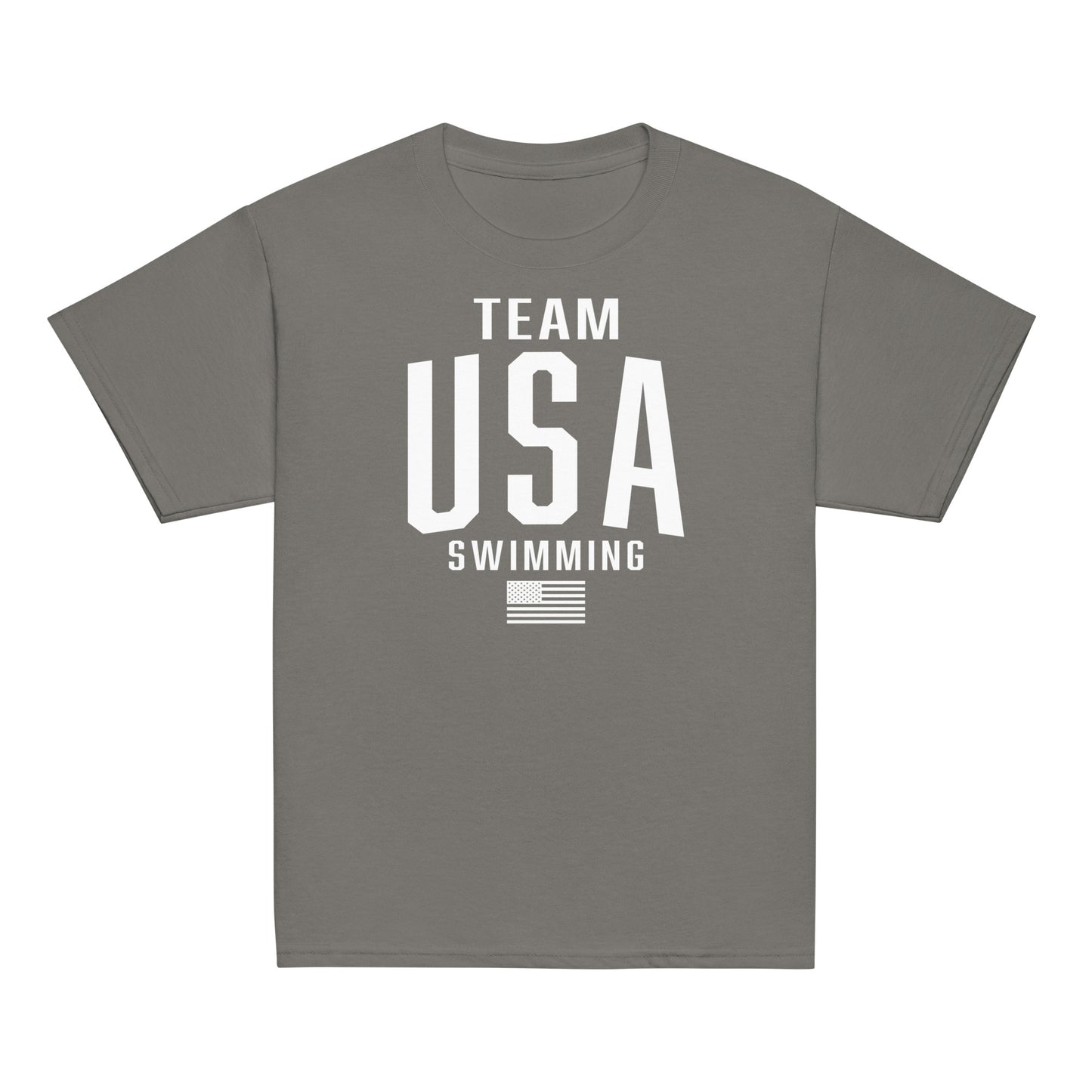 Gray Team USA Swimming Patriotic Youth T-Shirt by TrendySwimmer with bold USA and flag design, stylish and durable for active kids.