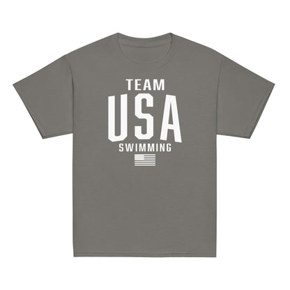 Gray Team USA Swimming Patriotic Youth T-Shirt by TrendySwimmer with bold USA and flag design, stylish and durable for active kids.