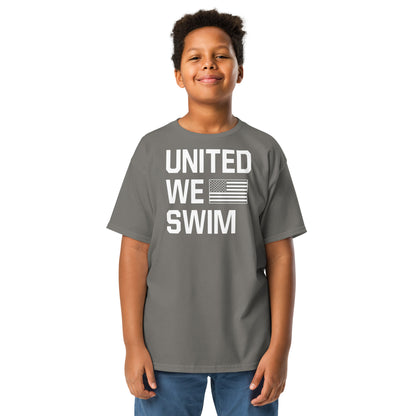 Gray United We Swim Patriotic Youth T-Shirt by TrendySwimmer, soft and durable for active youth and swim team fans.