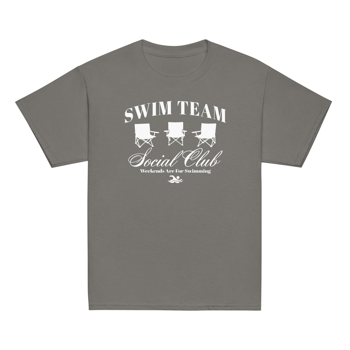 Charcoal gray Swim Team Social Club Youth T-shirt by TrendySwimmer with white foldable chair design and swim lifestyle message.