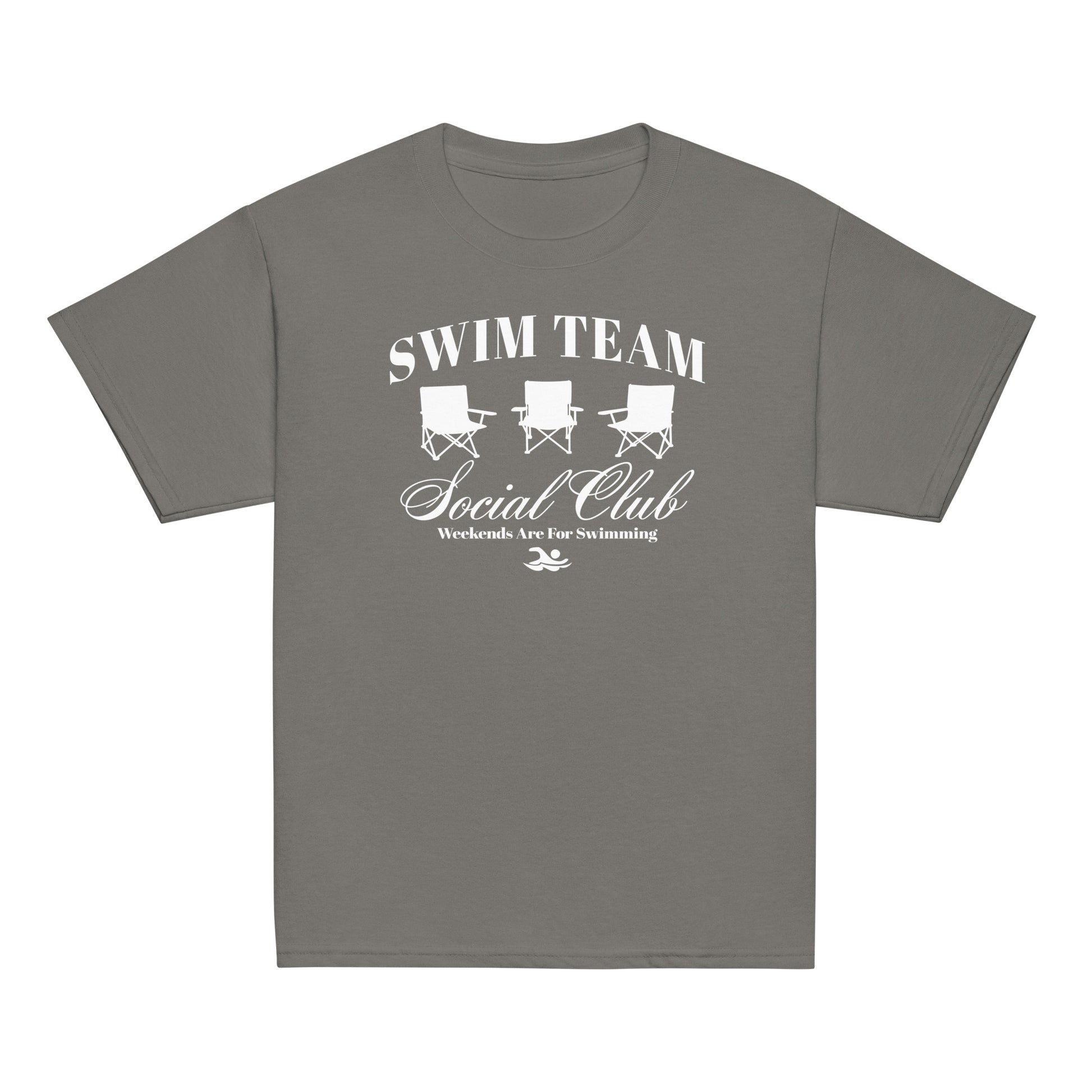 Charcoal gray Swim Team Social Club Youth T-shirt by TrendySwimmer with white foldable chair design and swim lifestyle message.