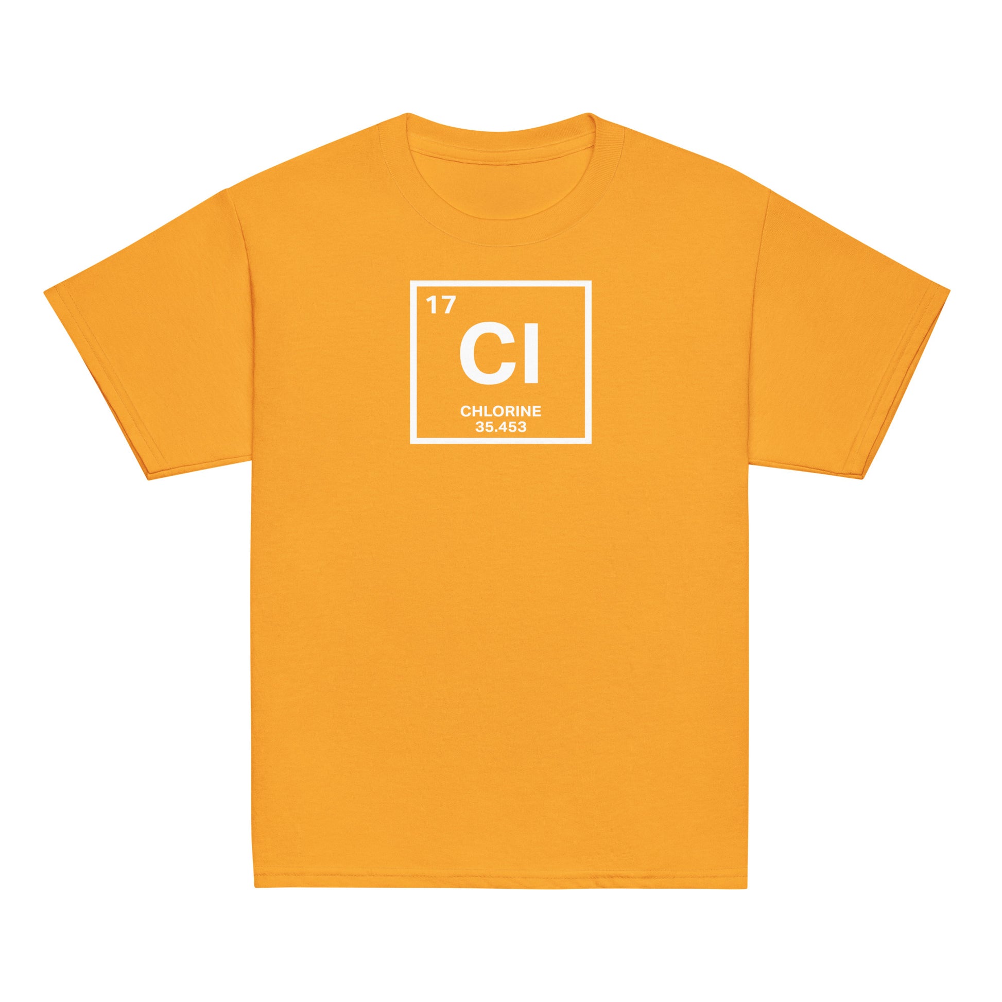 YOUTH Funny Swimmers Chlorine Periodic Table Symbol T-Shirt in orange, perfect for energetic swim kids and science fans.