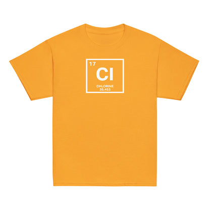 YOUTH Funny Swimmers Chlorine Periodic Table Symbol T-Shirt in orange, perfect for energetic swim kids and science fans.