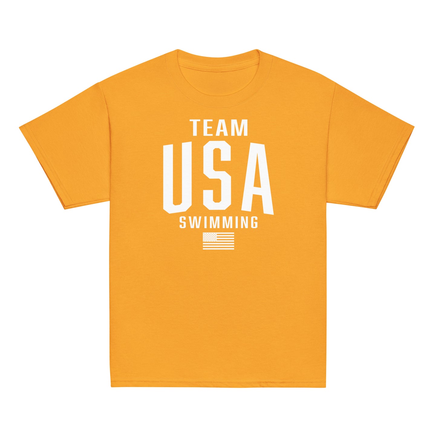 Orange Team USA Swimming Patriotic Youth T-Shirt by TrendySwimmer, vibrant and sporty tee for kids who love swimming and country.