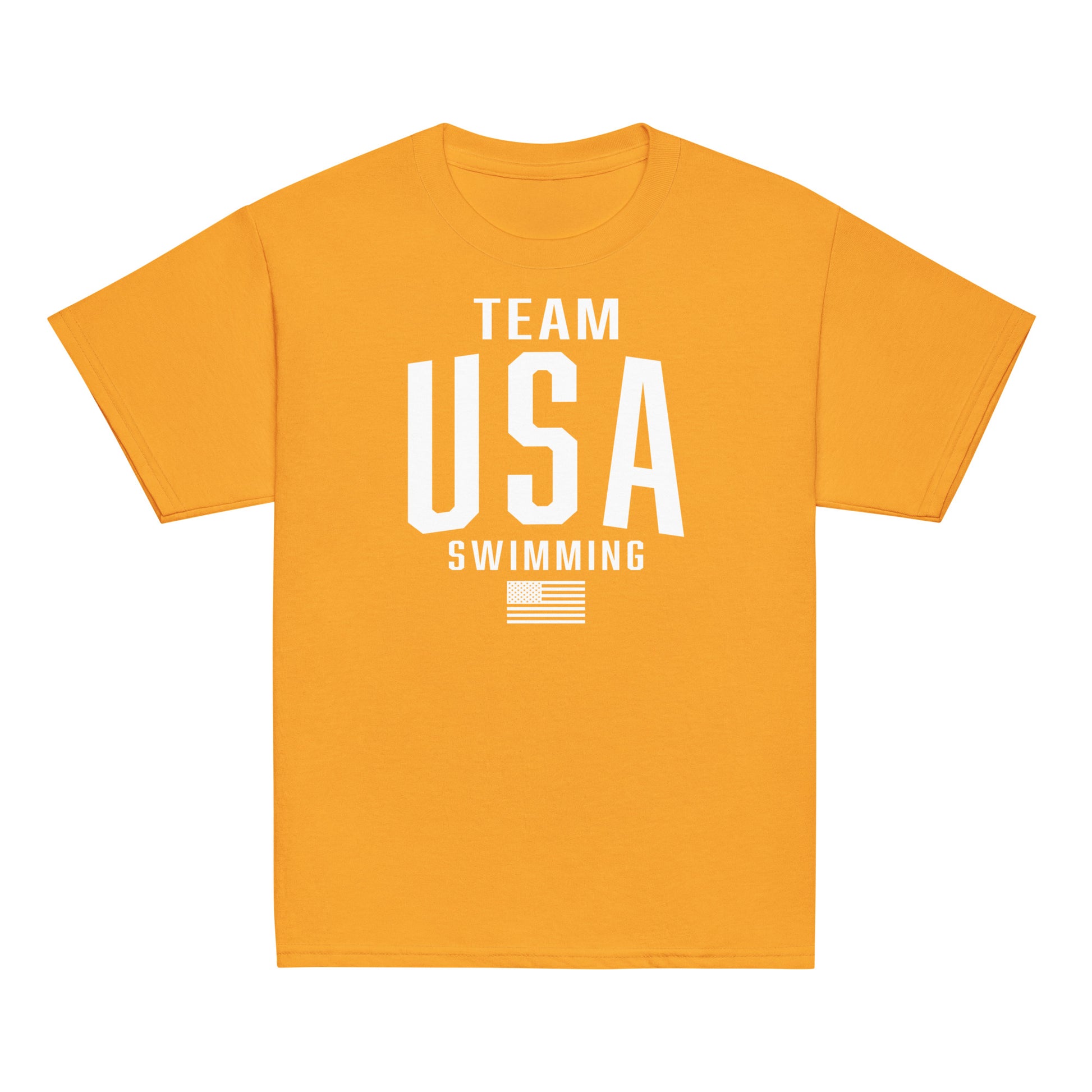 Orange Team USA Swimming Patriotic Youth T-Shirt by TrendySwimmer, vibrant and sporty tee for kids who love swimming and country.