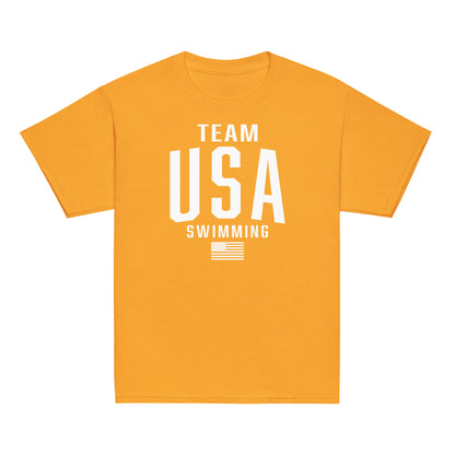 Orange Team USA Swimming Patriotic Youth T-Shirt by TrendySwimmer, vibrant and sporty tee for kids who love swimming and country.