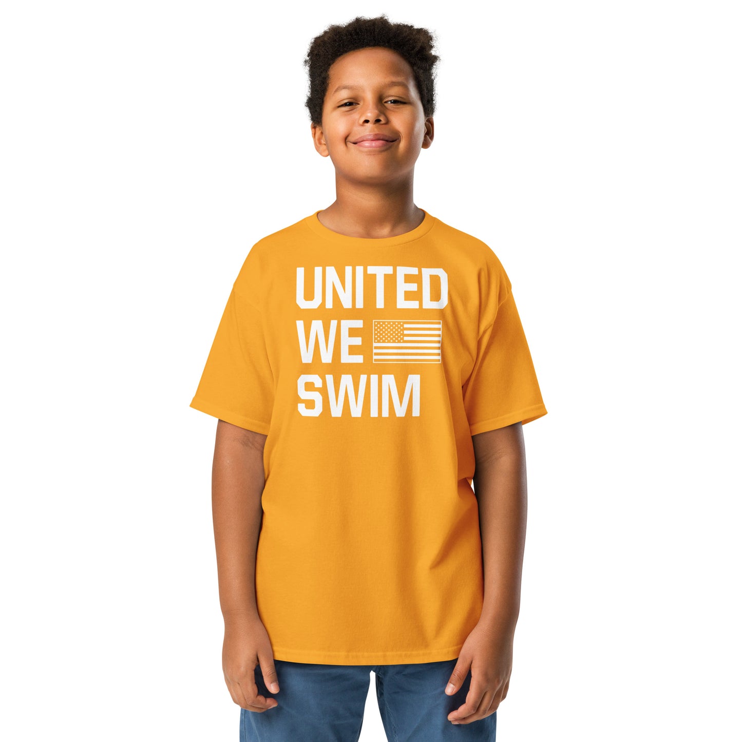 Gold United We Swim Patriotic Youth T-Shirt by TrendySwimmer, vibrant and bold swim family shirt for kids.