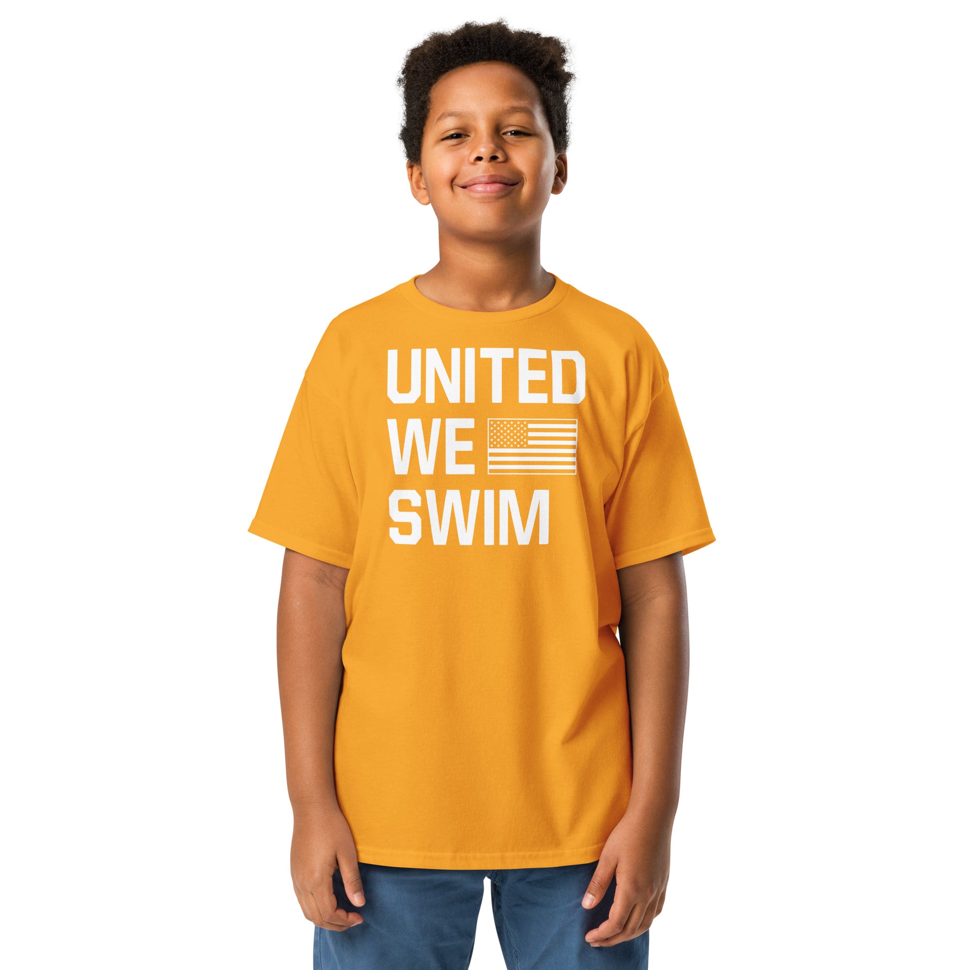 Gold United We Swim Patriotic Youth T-Shirt by TrendySwimmer, vibrant and bold swim family shirt for kids.