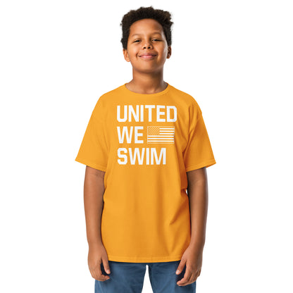 Gold United We Swim Patriotic Youth T-Shirt by TrendySwimmer, vibrant and bold swim family shirt for kids.