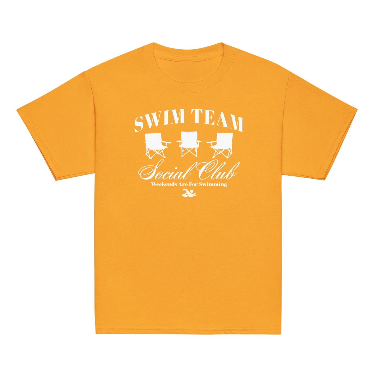 Orange Swim Team Social Club Youth T-shirt by TrendySwimmer with white foldable chair graphic and swim club text.