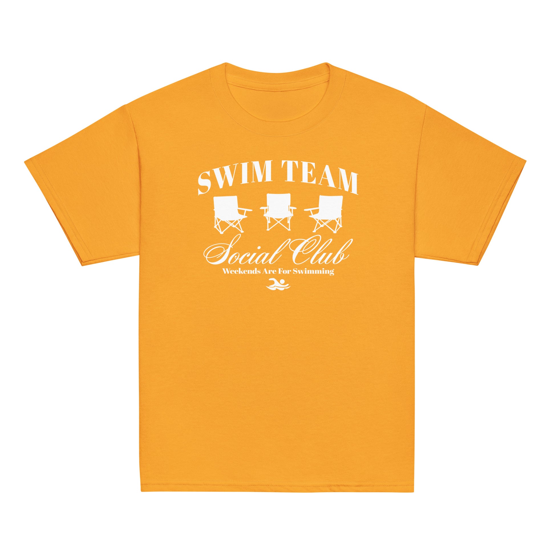 Orange Swim Team Social Club Youth T-shirt by TrendySwimmer with white foldable chair graphic and swim club text.