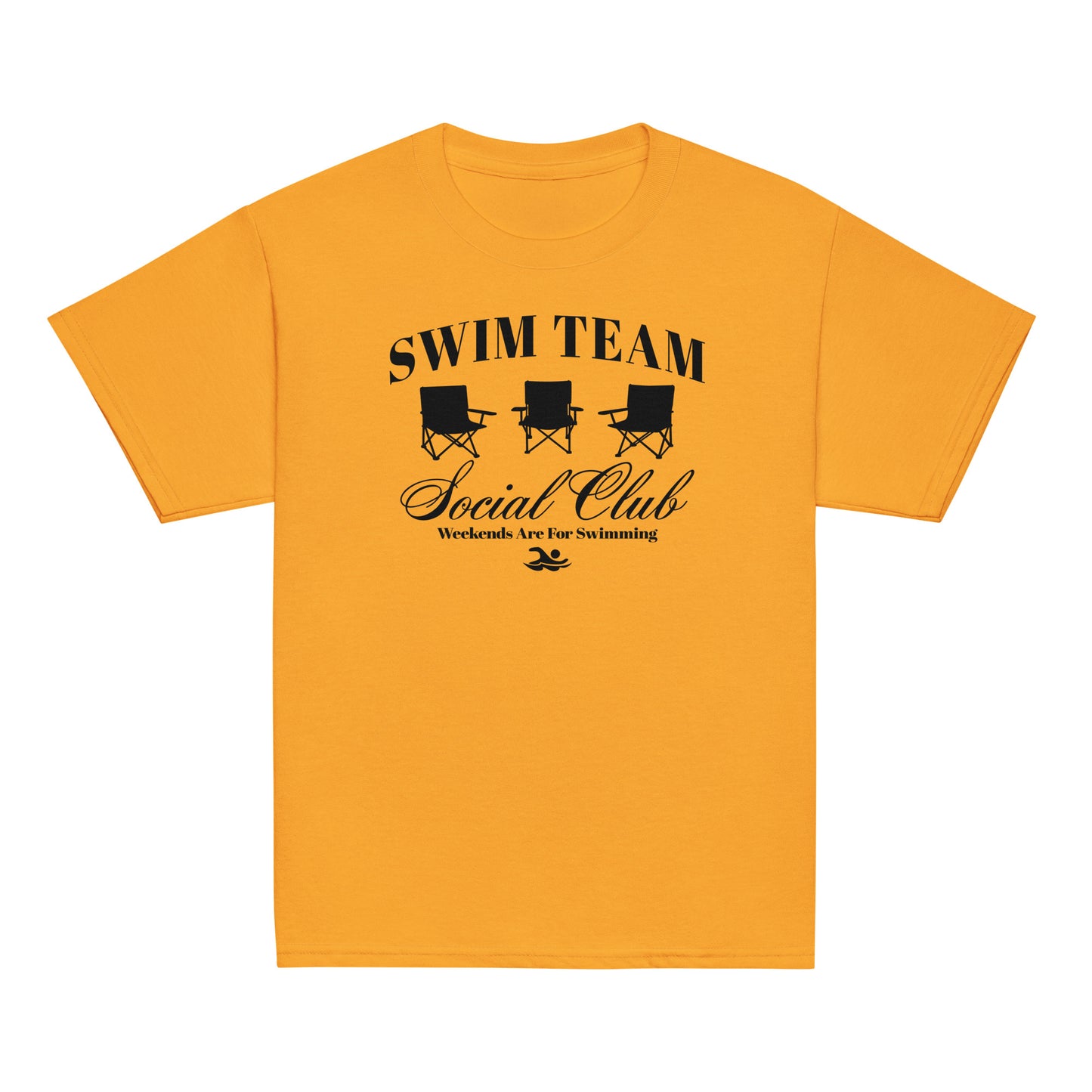 Swim Team Social Club Youth T-Shirt in golden yellow with black swim club design. Fun and vibrant apparel for young swimmers and team supporters.