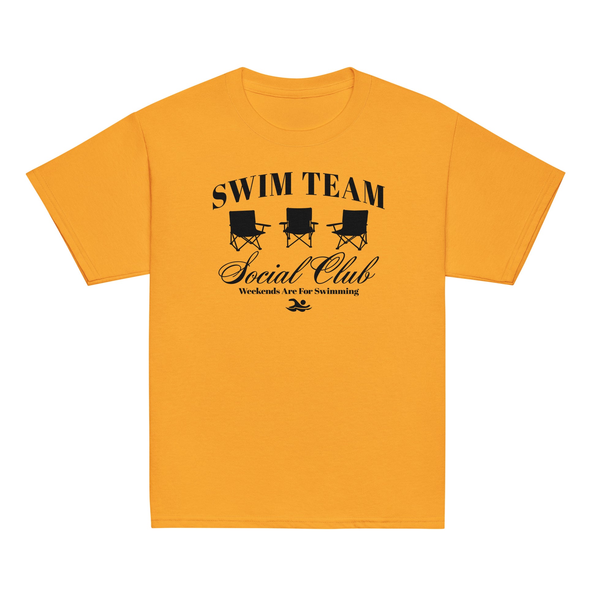 Swim Team Social Club Youth T-Shirt in golden yellow with black swim club design. Fun and vibrant apparel for young swimmers and team supporters.