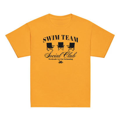 Swim Team Social Club Youth T-Shirt in golden yellow with black swim club design. Fun and vibrant apparel for young swimmers and team supporters.