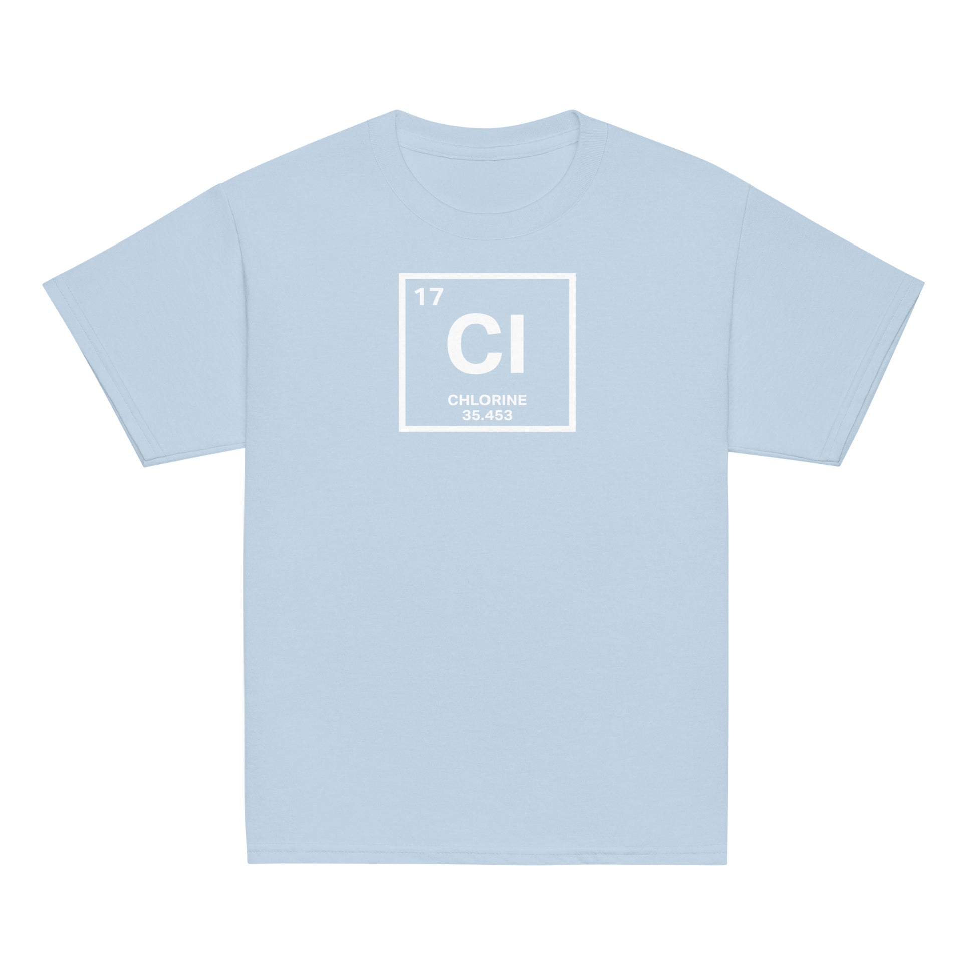 YOUTH Funny Swimmers Chlorine Periodic Table Symbol T-Shirt in light blue, soft and science-inspired for young swimmers.