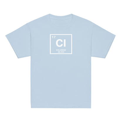 YOUTH Funny Swimmers Chlorine Periodic Table Symbol T-Shirt in light blue, soft and science-inspired for young swimmers.