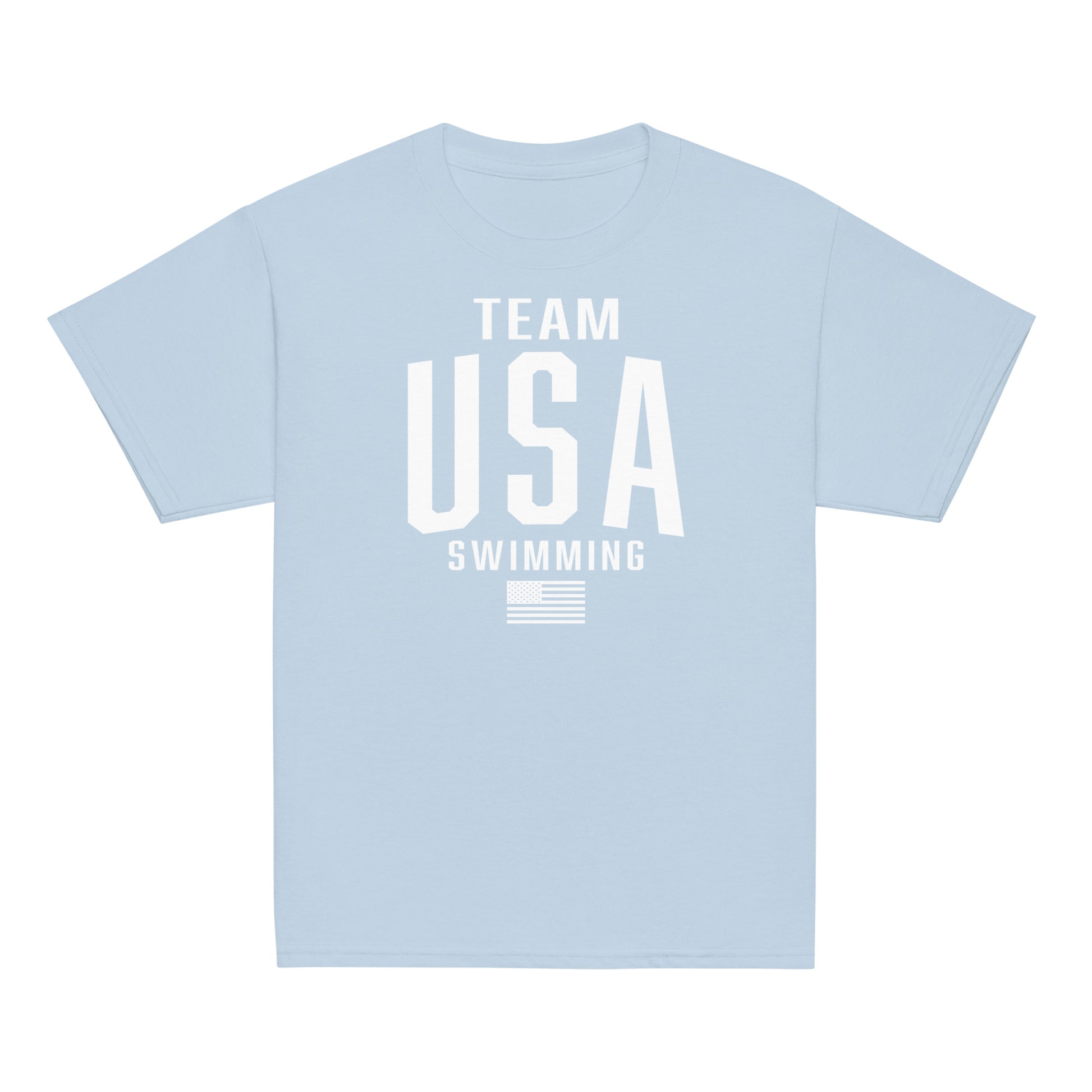 Light blue Team USA Swimming Patriotic Youth T-Shirt by TrendySwimmer, soft cotton tee with USA and flag print for young swim fans.