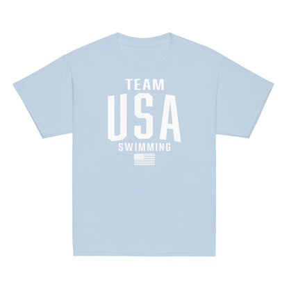 Light blue Team USA Swimming Patriotic Youth T-Shirt by TrendySwimmer, soft cotton tee with USA and flag print for young swim fans.