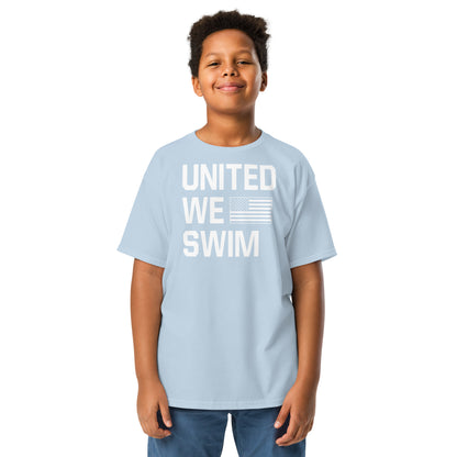 Light blue United We Swim Patriotic Youth T-Shirt by TrendySwimmer, soft unisex tee for young swimmers and USA fans.