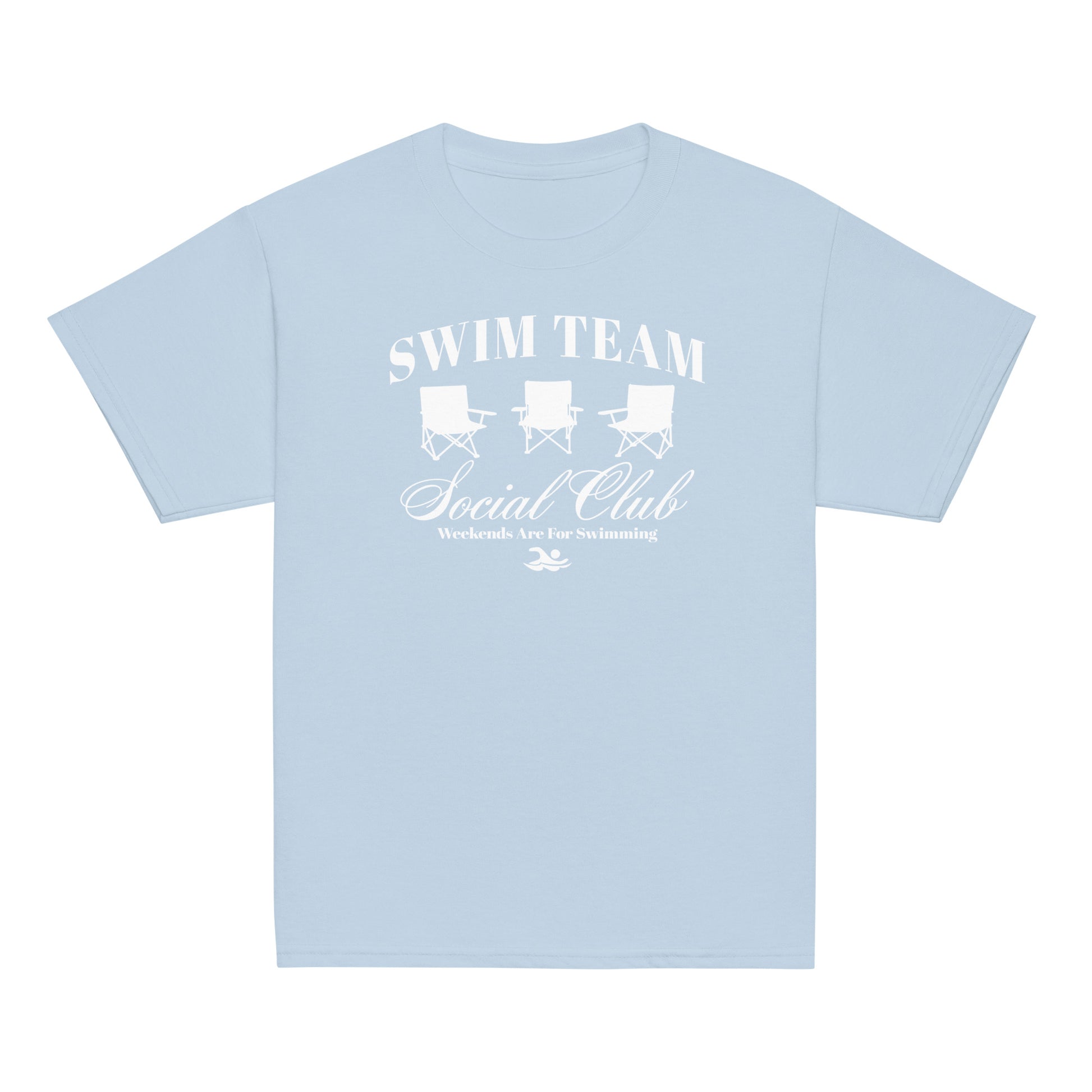 Light blue Swim Team Social Club Youth T-shirt by TrendySwimmer with white foldable chair design and swim club slogan.