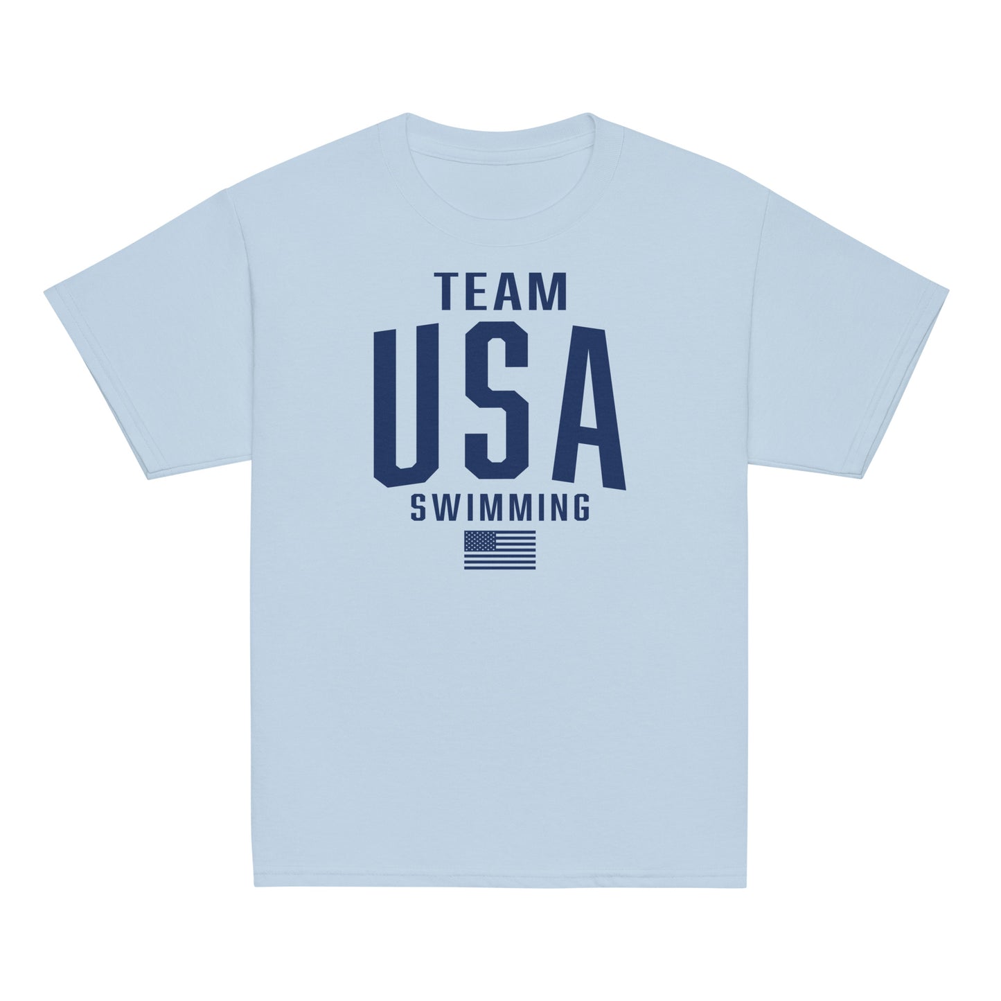 Team USA Swimming Patriotic Youth T-Shirt in light blue with navy text. Classic light color tee for active kids in swim communities.