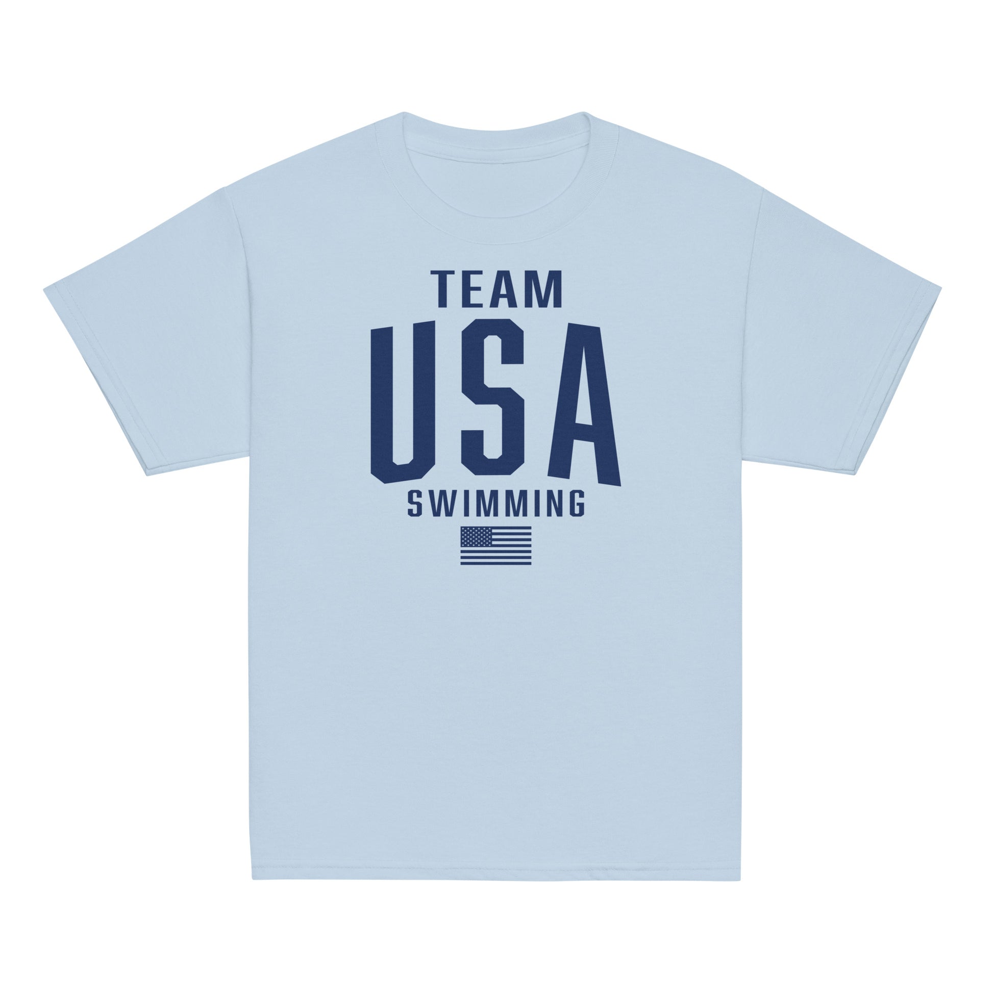 Team USA Swimming Patriotic Youth T-Shirt in light blue with navy text. Classic light color tee for active kids in swim communities.