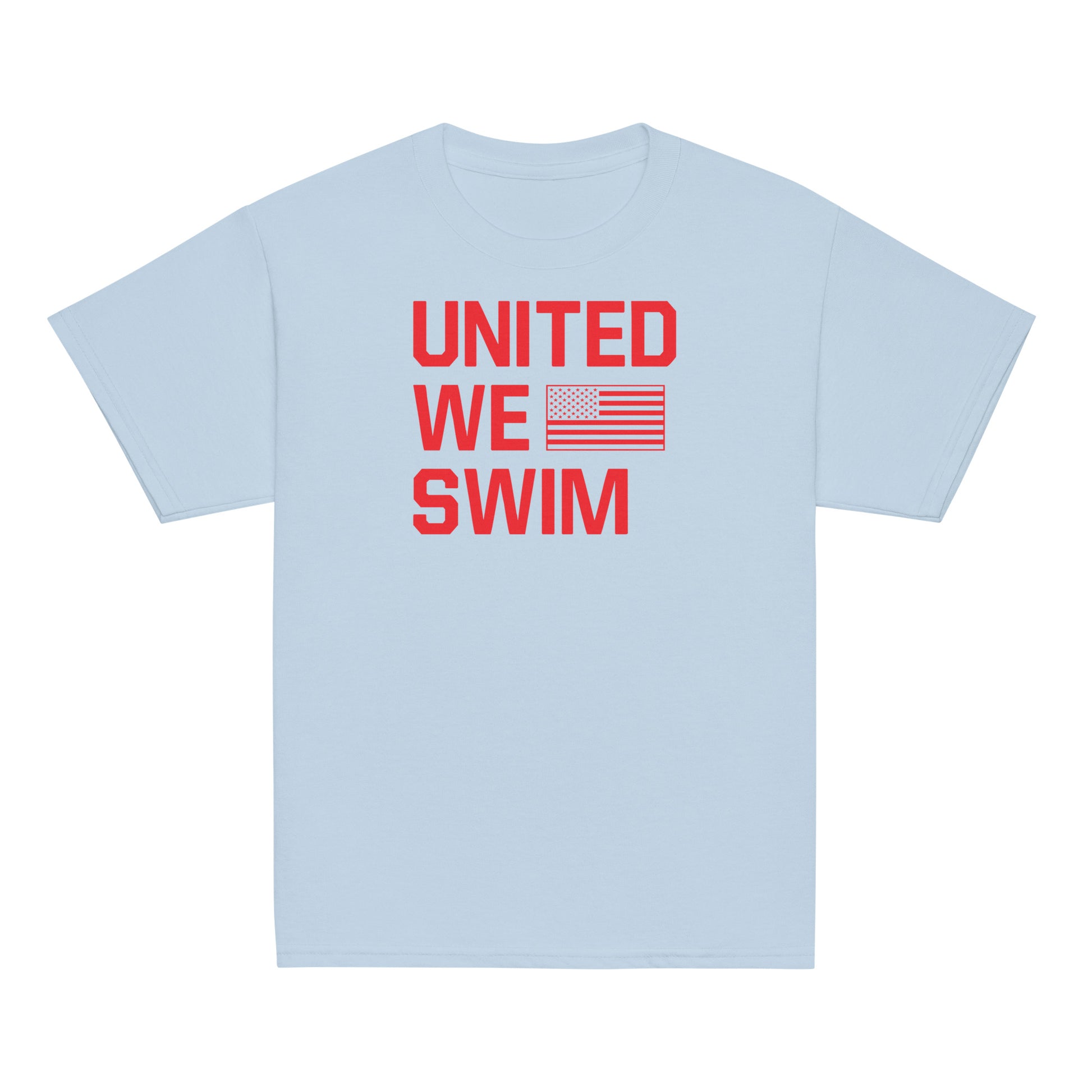 United We Swim Patriotic Youth T-Shirt in light blue with red USA-themed design. Great for young swimmers and patriotic events.