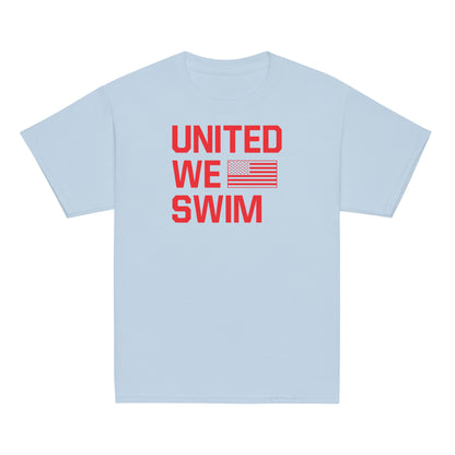 United We Swim Patriotic Youth T-Shirt in light blue with red USA-themed design. Great for young swimmers and patriotic events.