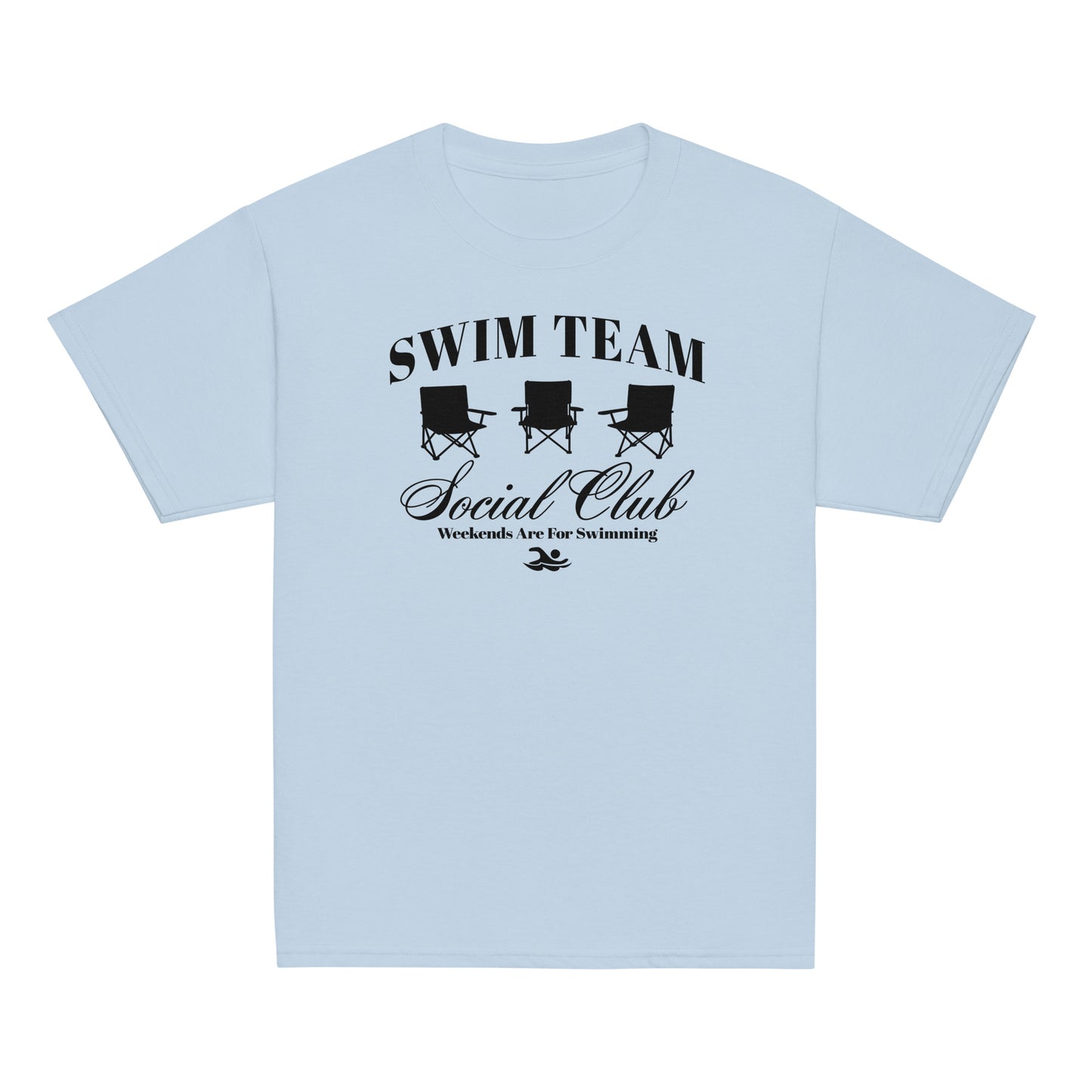 Swim Team Social Club Youth T-Shirt in light blue with black swim-themed design. Soft and breathable tee for youth swim team members.