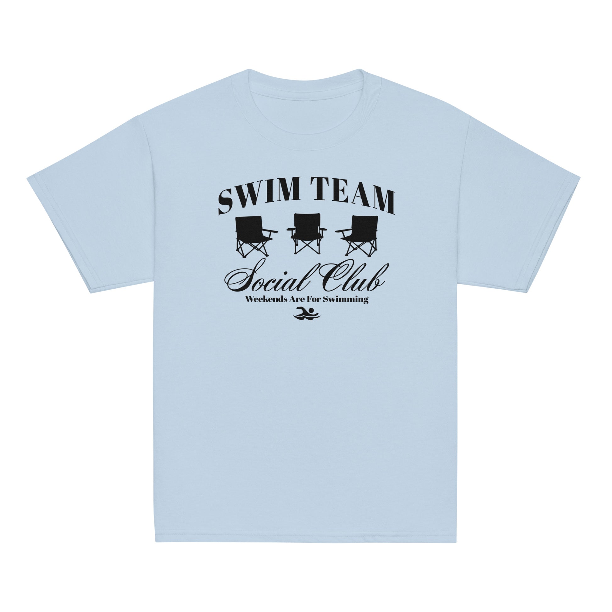 Swim Team Social Club Youth T-Shirt in light blue with black swim-themed design. Soft and breathable tee for youth swim team members.