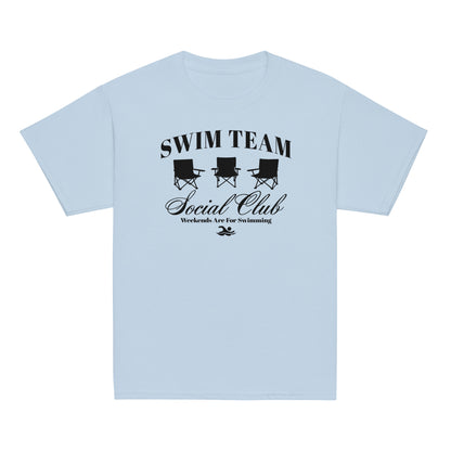 Swim Team Social Club Youth T-Shirt in light blue with black swim-themed design. Soft and breathable tee for youth swim team members.